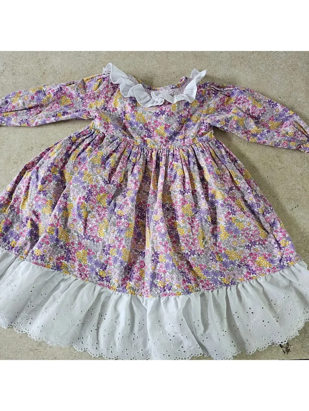 Vintage Floral Long Sleeve Dress Eyelet Hem for Kids 18 M